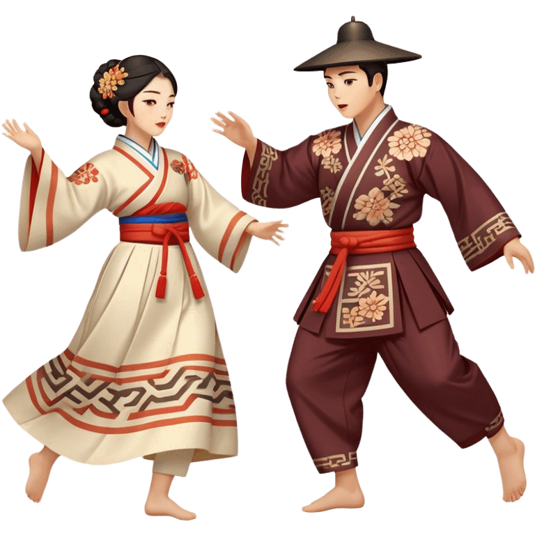 Cinematic Realistic scene of two performers engaging in Ganggangsullae, dressed in traditional Korean costumes with intricate patterns and graceful movements, illuminated by soft, festive lighting that accentuates the cultural ambiance emoji