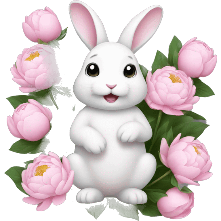 cute white bunny holding light pink peonies emoji