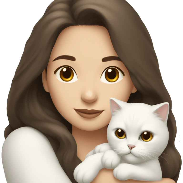 Brunette woman snuggling white Persian cat emoji