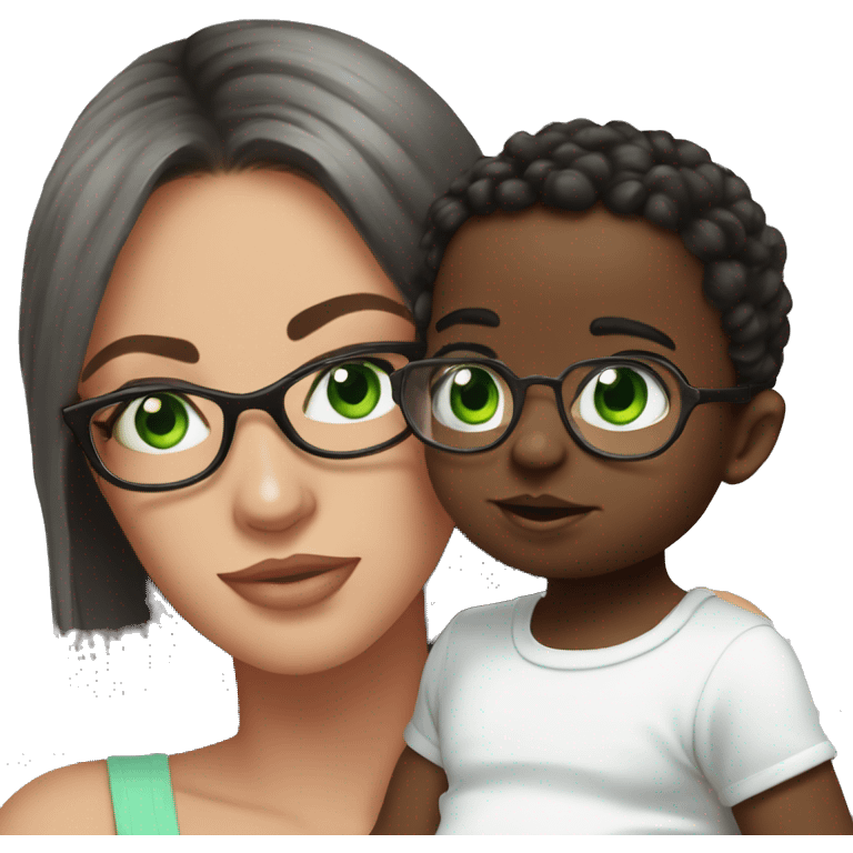 Black not that long straight hair with green eyes and glasses, big lips european girl holding one year old green eyes white baby son emoji