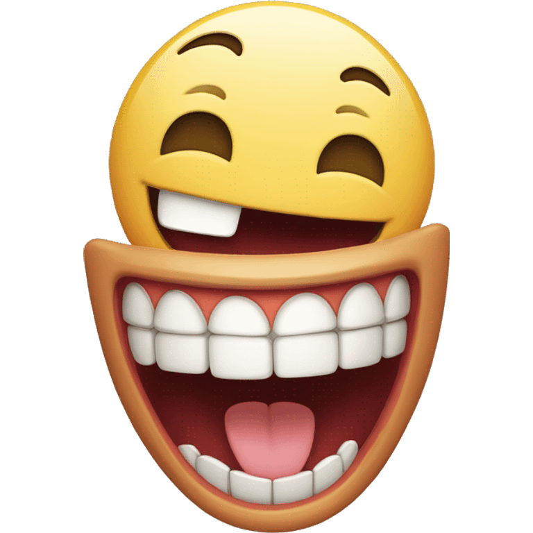 Laughing emoji with one crooked teeth that is a just one canine teeth on the left is on top of others and a bit long emoji