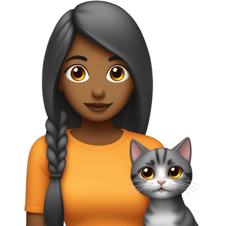 chica pelinegra con un gato gris con subtono naranjo  emoji