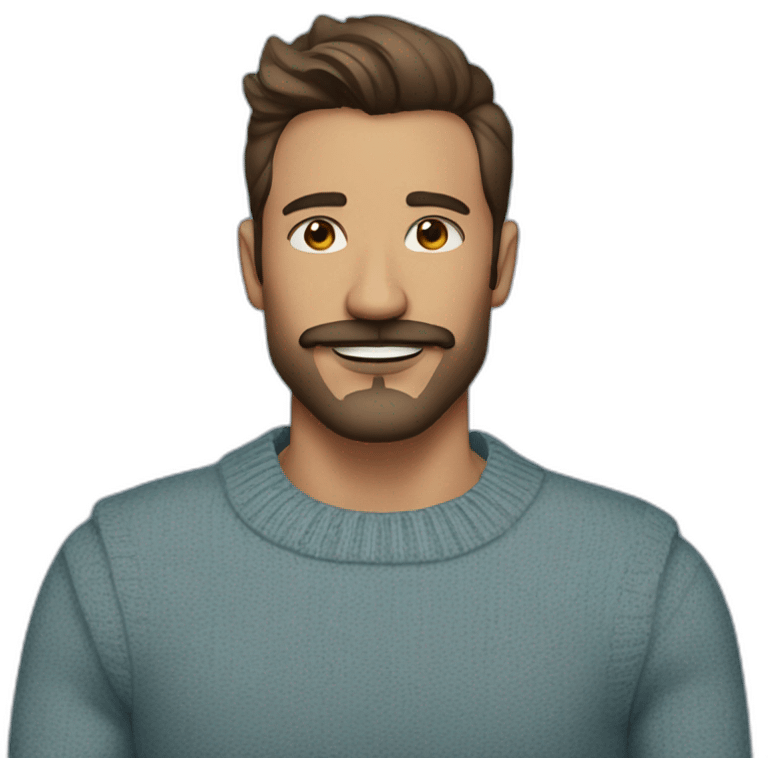 Contemporary dancer man, mustache and beard, undercut brown hairs, blue sweater  emoji