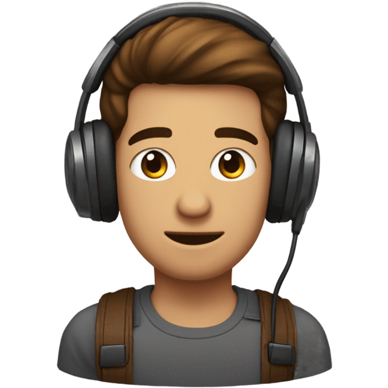 Homme brun, visage ovale, cheveux lisses avec un casque de gamer sur la tête, et des petits yeux marron emoji