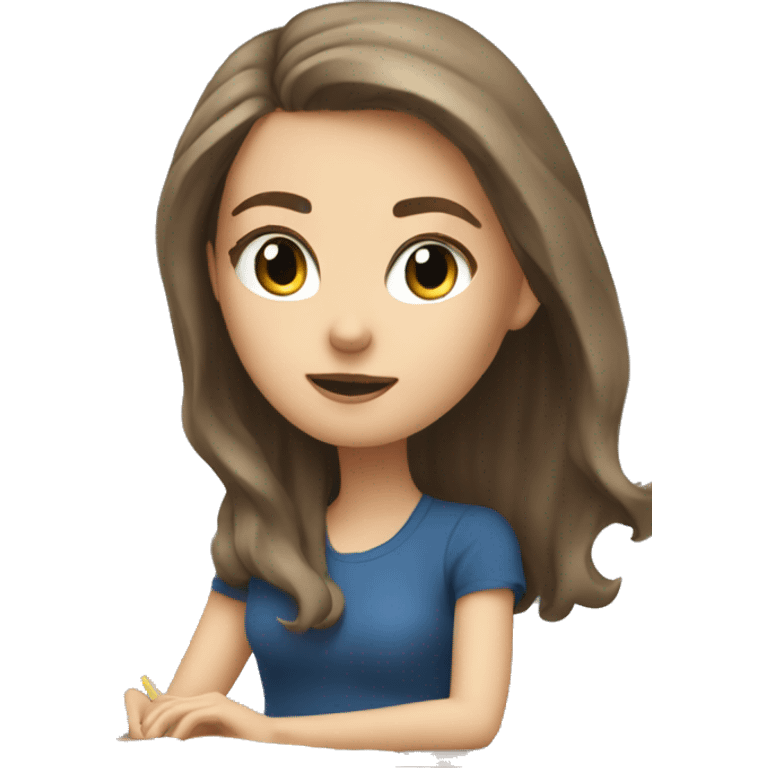 white girl studying at a grey desk, brown hair, blue eyes, computer emoji