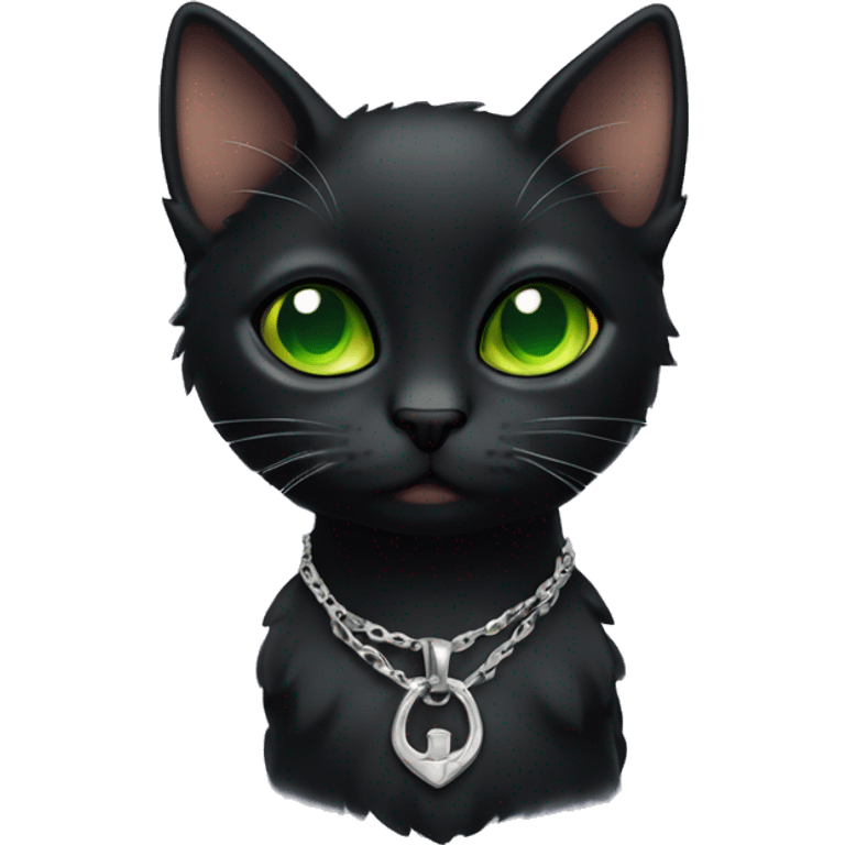 Skinny runt of the litter Black cat with green eyes wearing a silver locket emoji