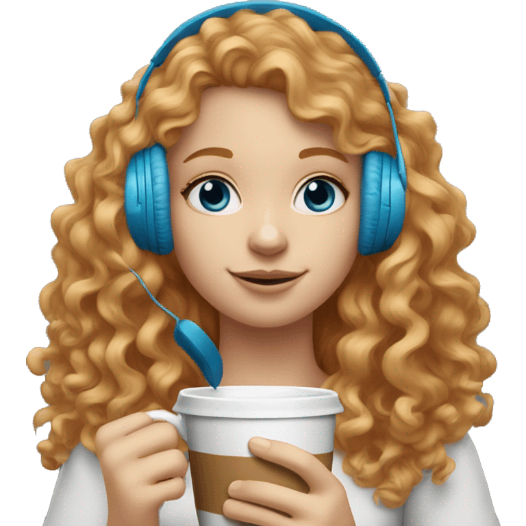 strawberry blonde girl with curly hair and blue eyes sipping coffee with headphones on  emoji