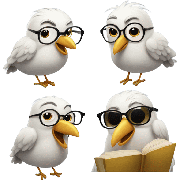 three birds but one of the birds with glasses and a book emoji