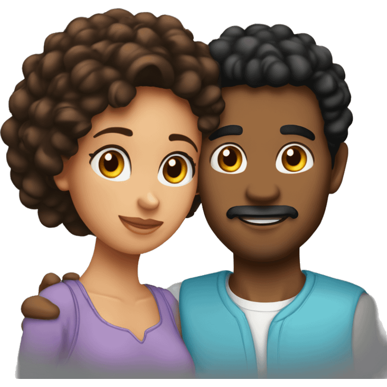 Pareja besándose, él moreno de piel marrón pelo negro corto, y ella pelo negro rizado largo, piel blanca   emoji