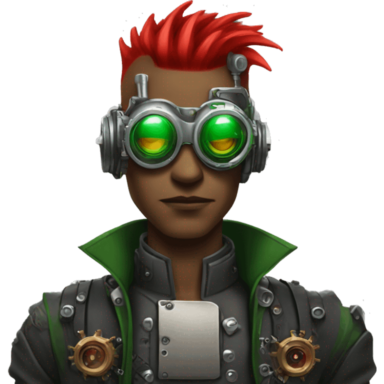 Male cyborg with thin red Mohawk and green steampunk goggles emoji