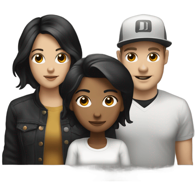 3 people: a white girl with black hair, a brown girl, and a white guy behind DJ turntables together emoji