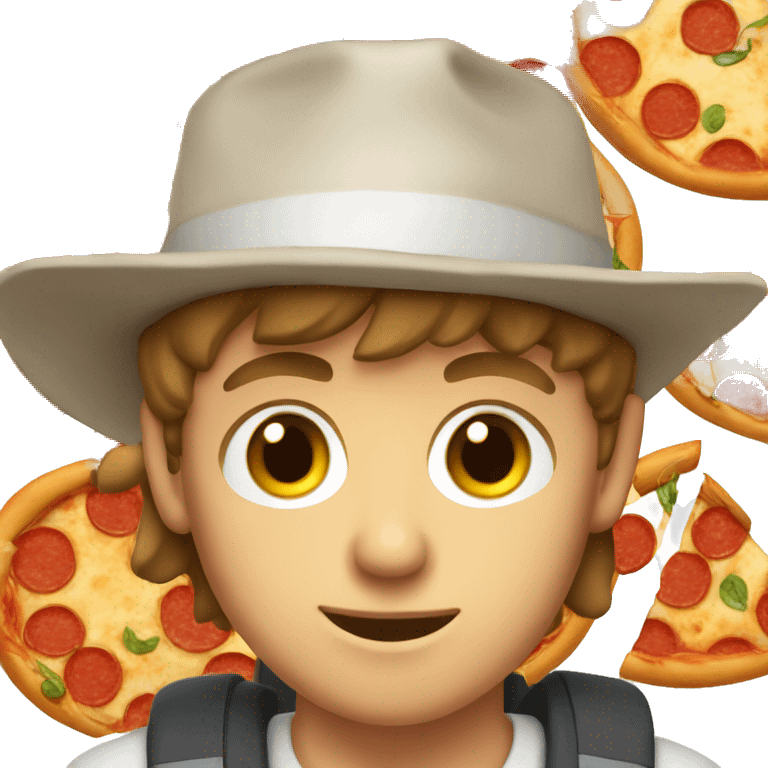 Young white farmer with brown hair and eyes eating pizza wearing a hat emoji