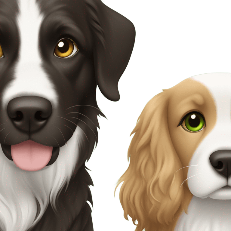 Girl with brown hair and green brown eyes next to a black golden retriever and épagneul breton black and White  emoji