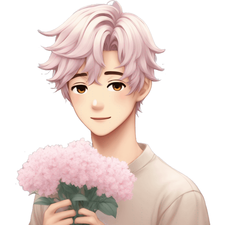 Gorgeous pastel anime style shojo guy with blushing face and flowers aesthetic trending style outside emoji