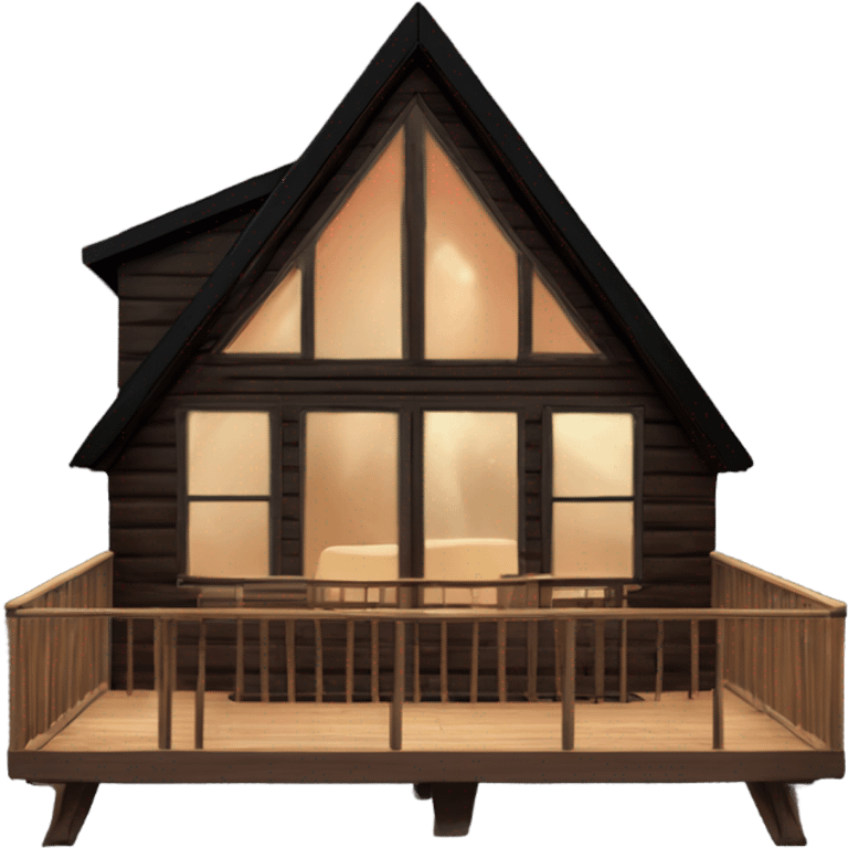 Brown A-Frame Cabin with black roof and glowing windows, and a upper and lower deck and a hot tub on the lower deck emoji