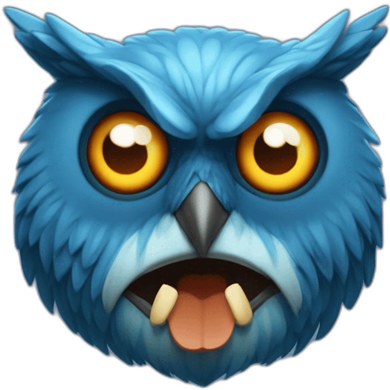 blue owl (hexa color 072a6b) with with devil horns, a wide grin, and eyes and eyebrows scrunched downward, looks angry, only head emoji