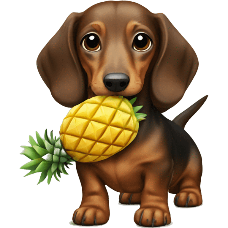 A small brown long haired dachshund dog holding a pineapple in its mouth  emoji