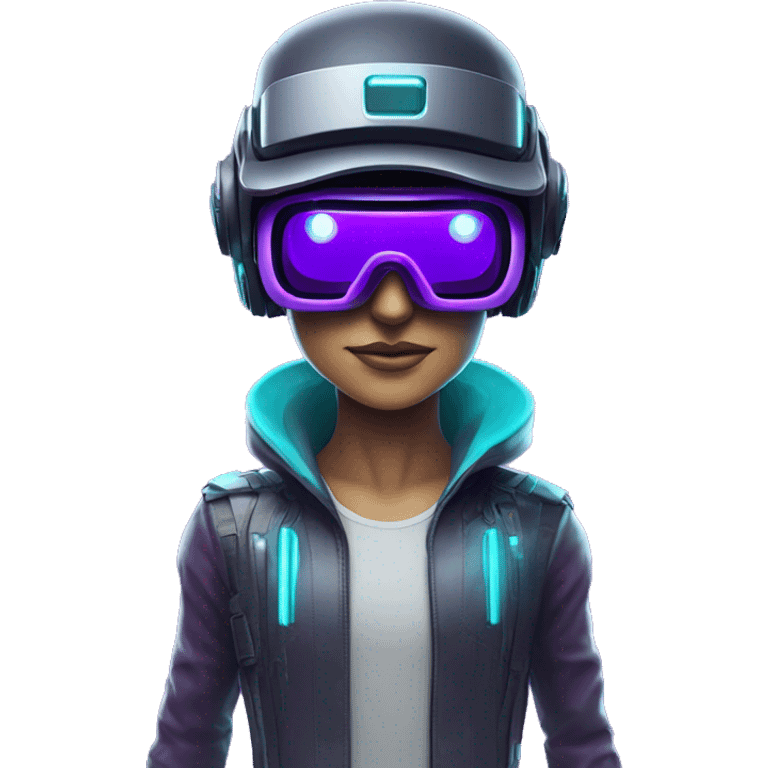 Secret human agent in a futuristic hat with in Apple VR goggles headset code display on the goggles , cyberpunk, cyan and purple colors, only upper body portrait, front facing the camera  emoji