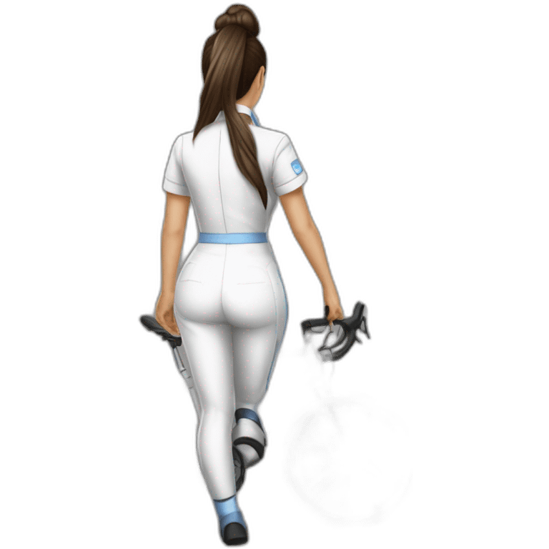 hyper-realistig drawing brunette norse ponytail nurse in tight uniform perfect bum ridikg bike behind view emoji