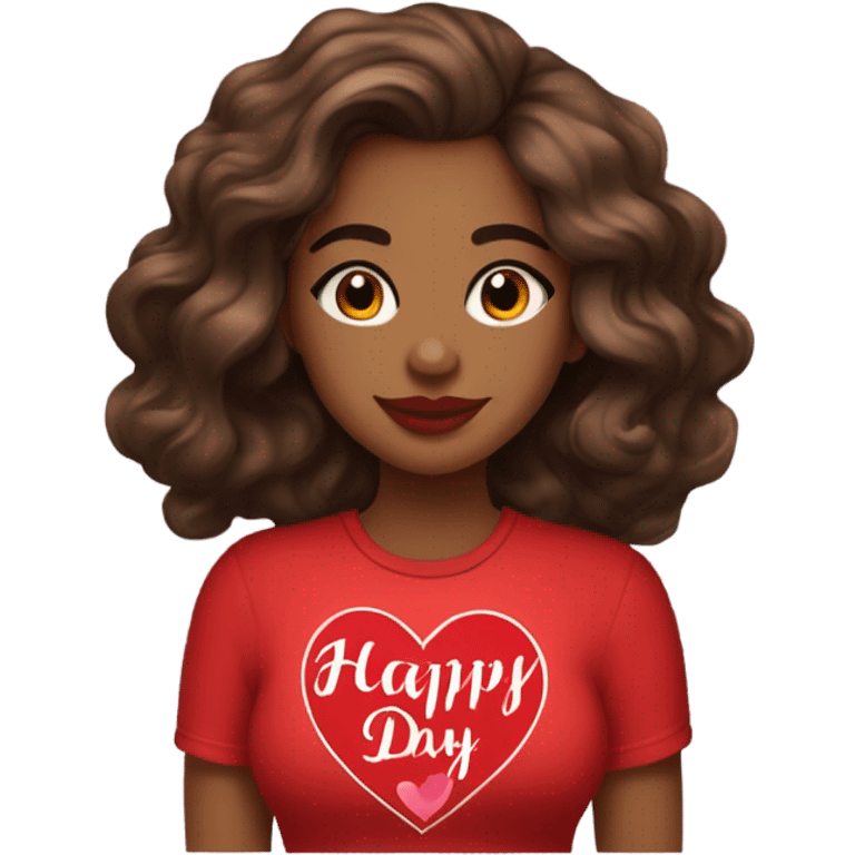 brown lady, medium brown long wavy hair, red lips, eyelashes, wearing red “happy Valentine’s Day” t shirt emoji