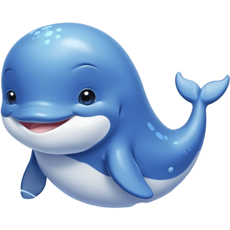 Cinematic happy baby whale, chubby rounded body, tiny smiling face, soft pastel blue hues, gentle glowing waves around, joyful and soothing. emoji