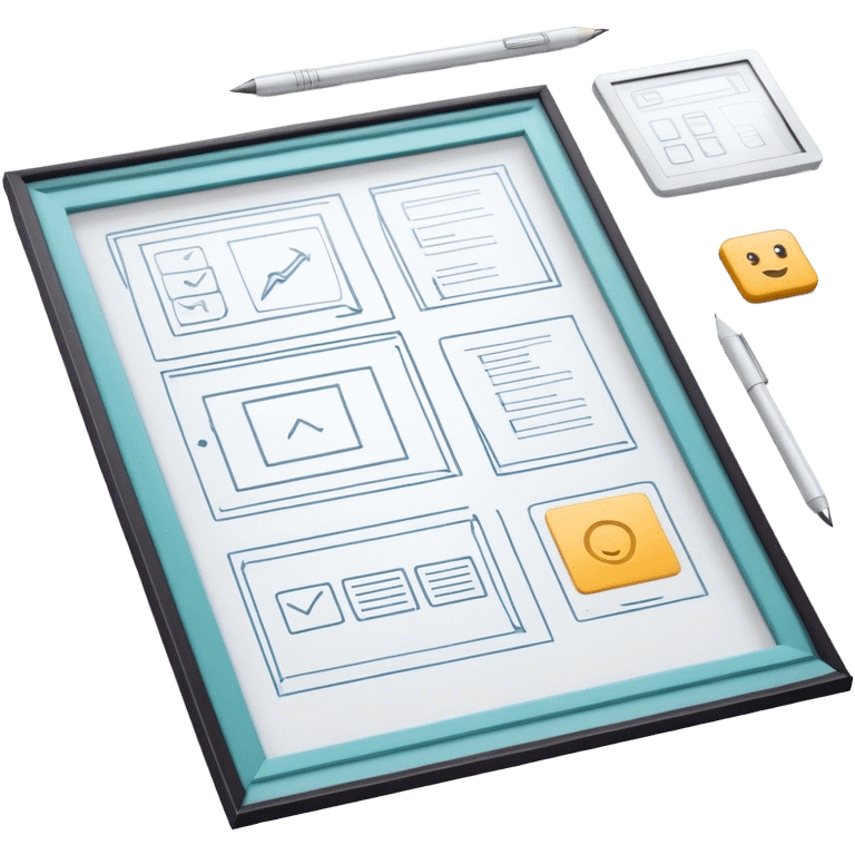 Create an emoji for UX/UI design. Show wireframe sketches or design mockups with interface elements like buttons, sliders, and icons, symbolizing the design process. Use modern, professional colors. Do not include any emojis or smiley faces. Make the background transparent. emoji