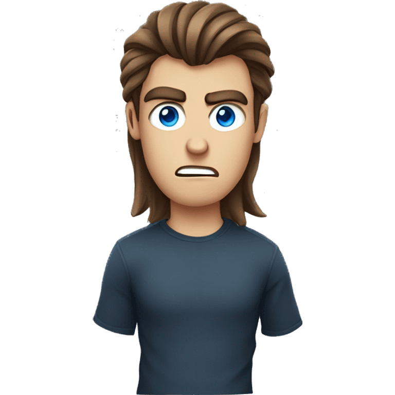 Angry, male, wearing a black shirt, has brown hair, has blue eyes, has long hair up to shoulders parted in the middle, shirt design says ADHD emoji