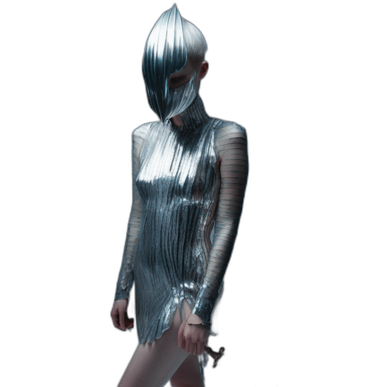 grimes, iris van herpen dress, sword, silver mask, Bathed in shadows, 90 degrees, short lighting, L USM, Cold Colors, hyper aesthetic emoji