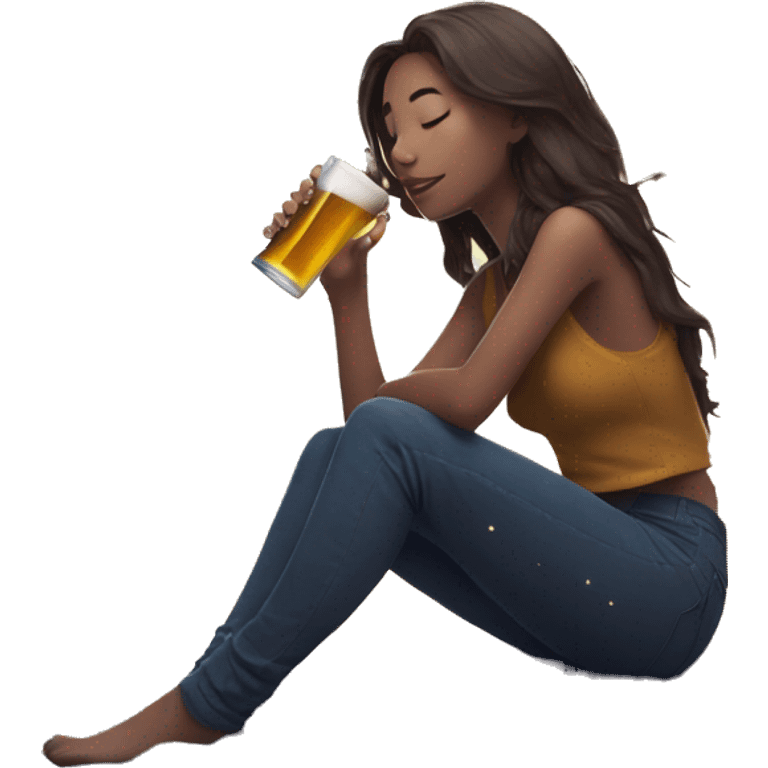 Girl sat on a nebula galaxy drinking beer surrounded by golden stars and planets emoji