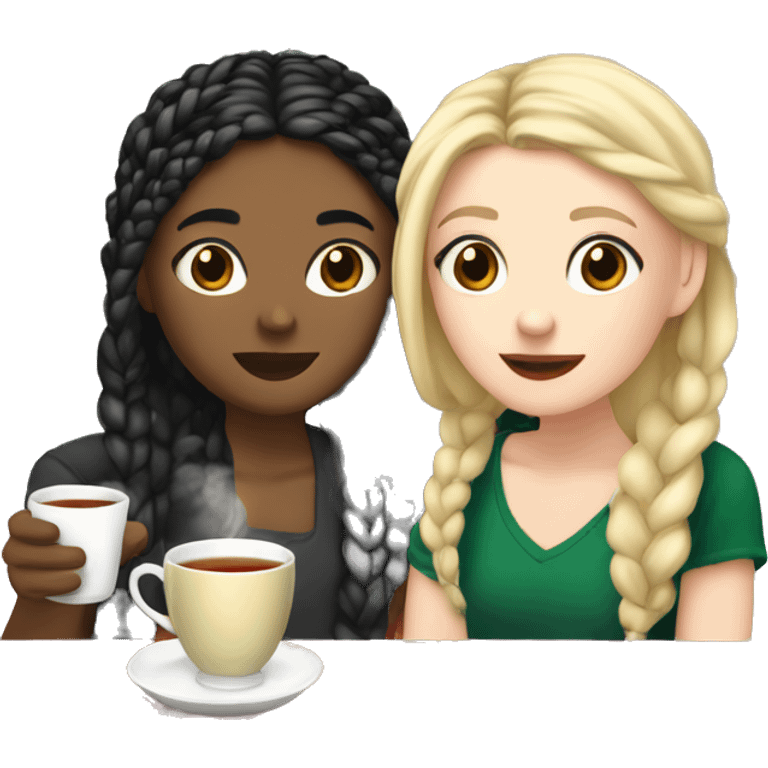 White girl with blonde hair and Asian girl with black hair in braids, drinking tea at Christmas time emoji