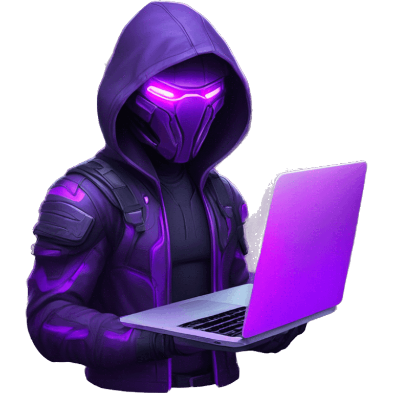 developer behind his laptop with this style : crysis Cyberpunk Valorant neon glowing bright purple character purple violet black hooded assassin themed character emoji