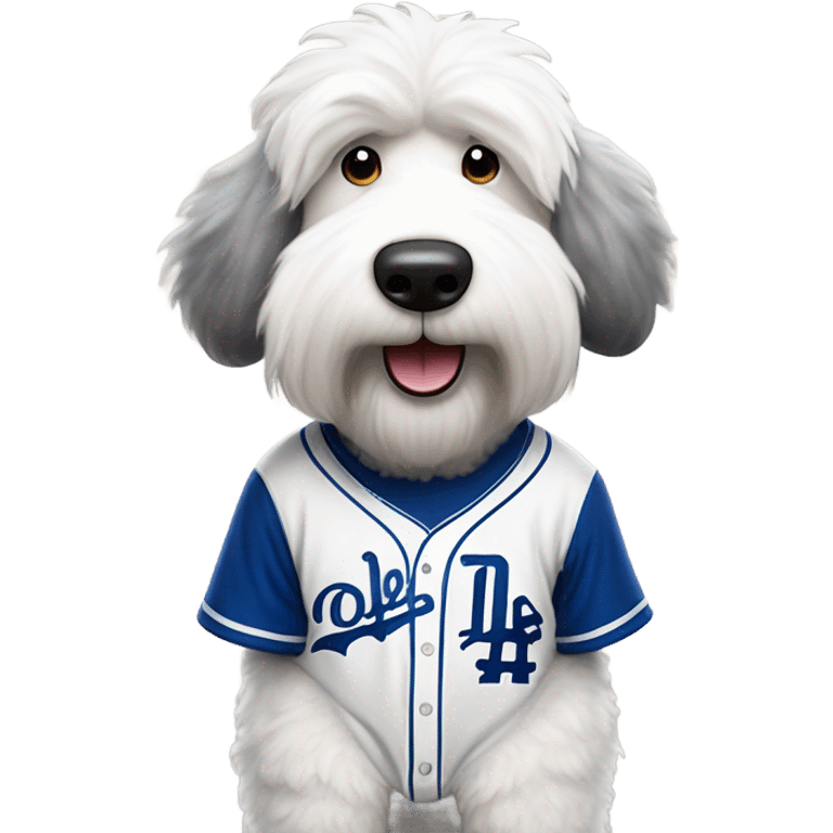 Old English Sheepdog full height wearing a Los Angeles dodgers baseball jersey emoji