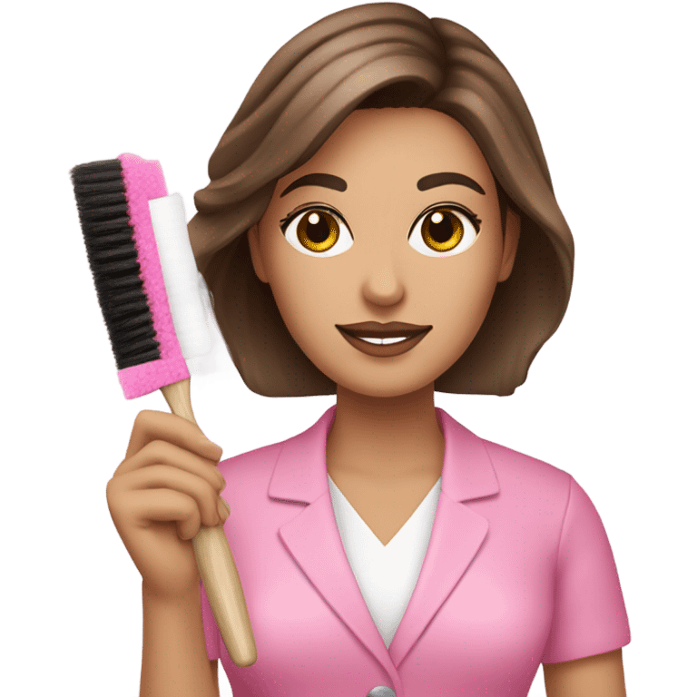 Brown haired Esthetician wearing pink holding a fan brush emoji