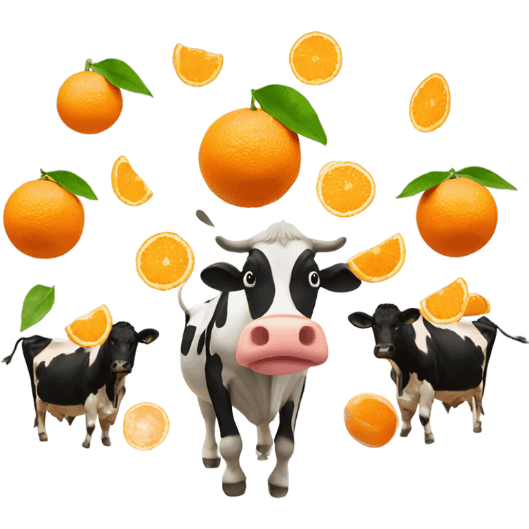 Oranges in the air with a cow in the middle emoji