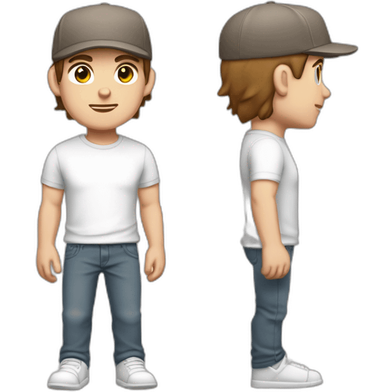 Pale skinned fit Man with dark brown hair in a light gray cap, dark brown jeans, brown polo and white T-shirt keeping a pasted with tape white box into his hands emoji