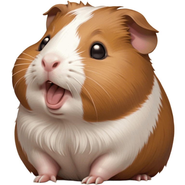 Cinematic Cute Yawning Brown and White Banded Guinea Pig Portrait Emoji, Head tilted slightly with a dramatic, wide-open yawn, revealing a soft, banded fur of brown and white with tiny, droopy ears, round dark eyes barely open in drowsy contentment, Simplified yet irresistibly adorable features, highly detailed, glowing with a soft, cozy glow, high shine, relaxed yet expressive, stylized with a touch of whimsy, bright and endearing, soft glowing outline, capturing the essence of a sleepy yet affectionate guinea pig, so drowsy it feels like it could stretch out of the screen and curl up for a nap! emoji