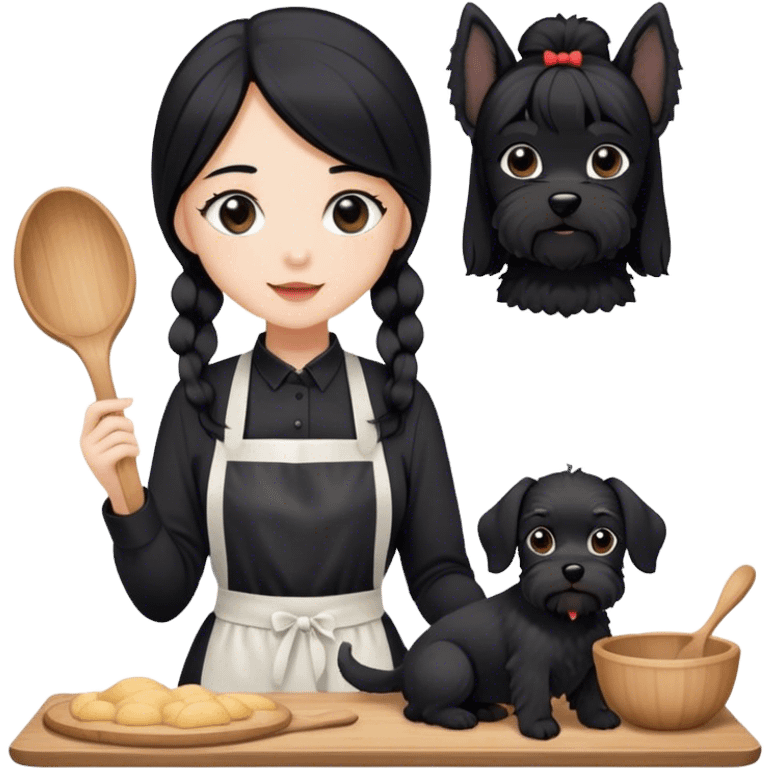 pale girl with long black hair wearing black long shirt wearing apron and baking holding black floppy ear schnauzer emoji