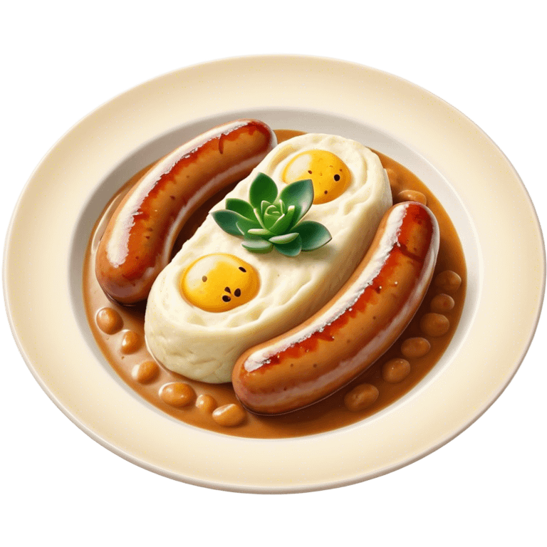 Cinematic Realistic Bangers and Mash Dish Emoji, featuring succulent pork sausages paired with creamy mashed potatoes rendered with detailed textures and natural highlights that emphasize its robust, hearty flavor. emoji