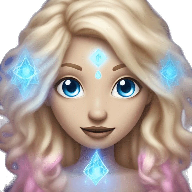 magical diva with thin pink andromedan face long blonde hair and blue eyes glowing third eye emoji