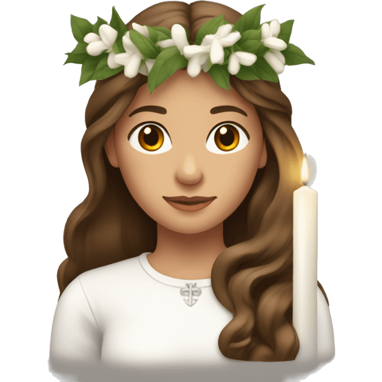 brown long haired women with white round neck shirt and spur wreath the head white candle on top of the wreath emoji