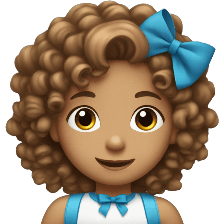 very cute little girl in a wheelchair, semi-smiling, with curly brown hair that has a little blue bow, and a tan complexion emoji