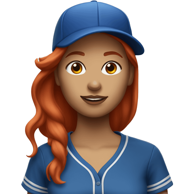 front facing standing female coach with long red hair, wearing a white t-shirt and a simple baseball blue hat emoji