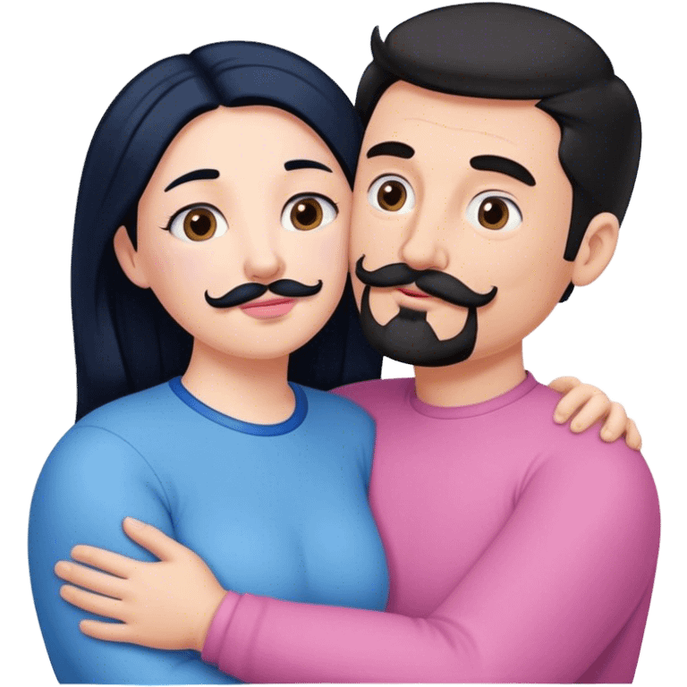 Tall white man with brown mustache goatee wearing blue hugging a chubby short pale woman with long black hair wearing pink emoji