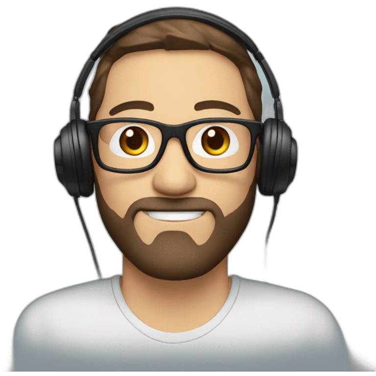 man with brown hair blue eyes beard and glasses and headphones emoji