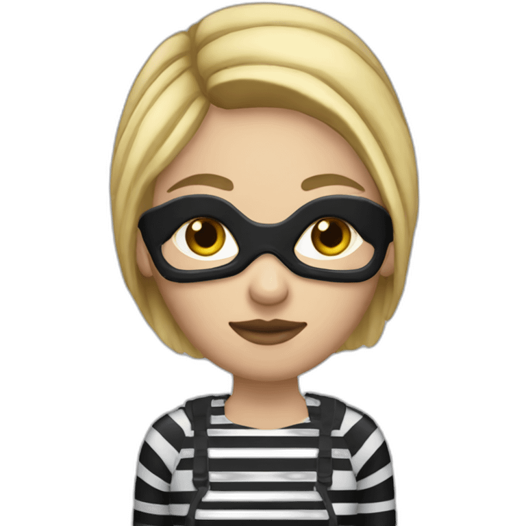 bank robber blonde woman with black beanie hat eye mask and striped shirt emoji