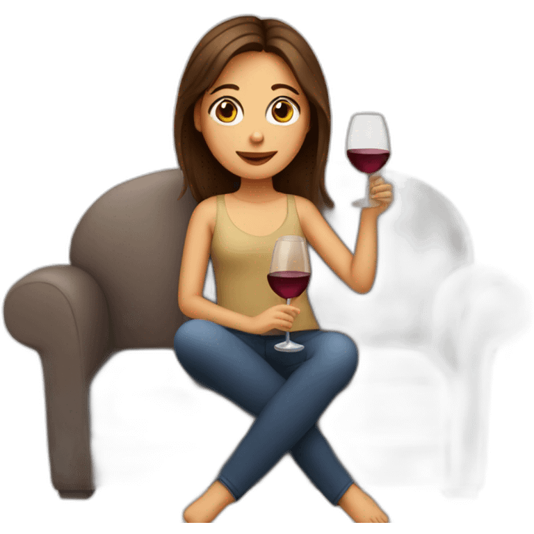 Girl with middle part and brown hair and brown eyes drinking wine sitting on a sofa emoji