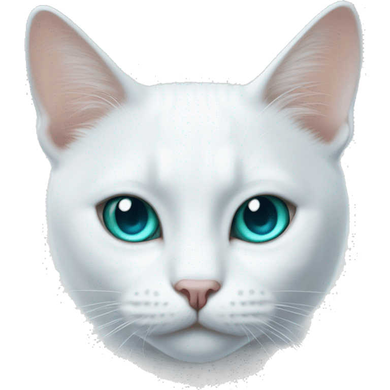 A white cat with a blue right eye and a green left eye emoji