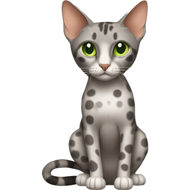 Short-haired oriental cat ,full body , grey coat with spots , green eyes , terracotta nuzzle emoji