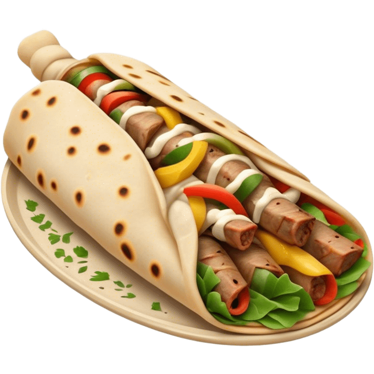 Cinematic Realistic Shawarma Dish Emoji, showcasing spiced, succulent meat wrapped in flatbread with fresh vegetables rendered with lifelike detail and dynamic, appetizing lighting. emoji