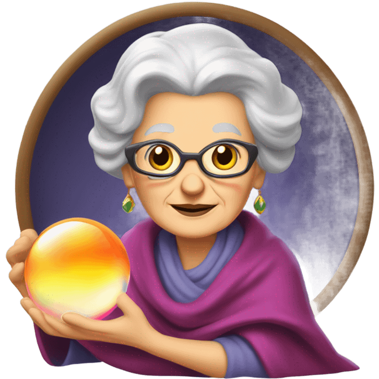 Wise Old Lady Fortune teller with crystal ball looking into the camera smiling emoji